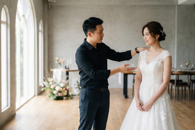 婚禮攝影師指導新娘調整肩膀姿勢，兩人在婚禮場地自然互動