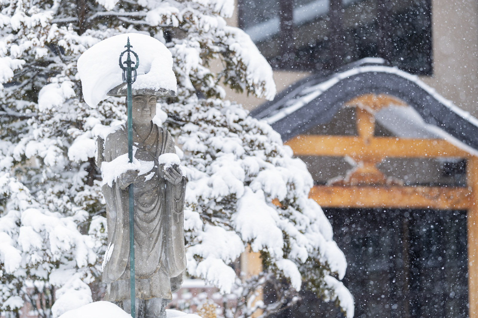 旭川寺廟石像頂著積雪