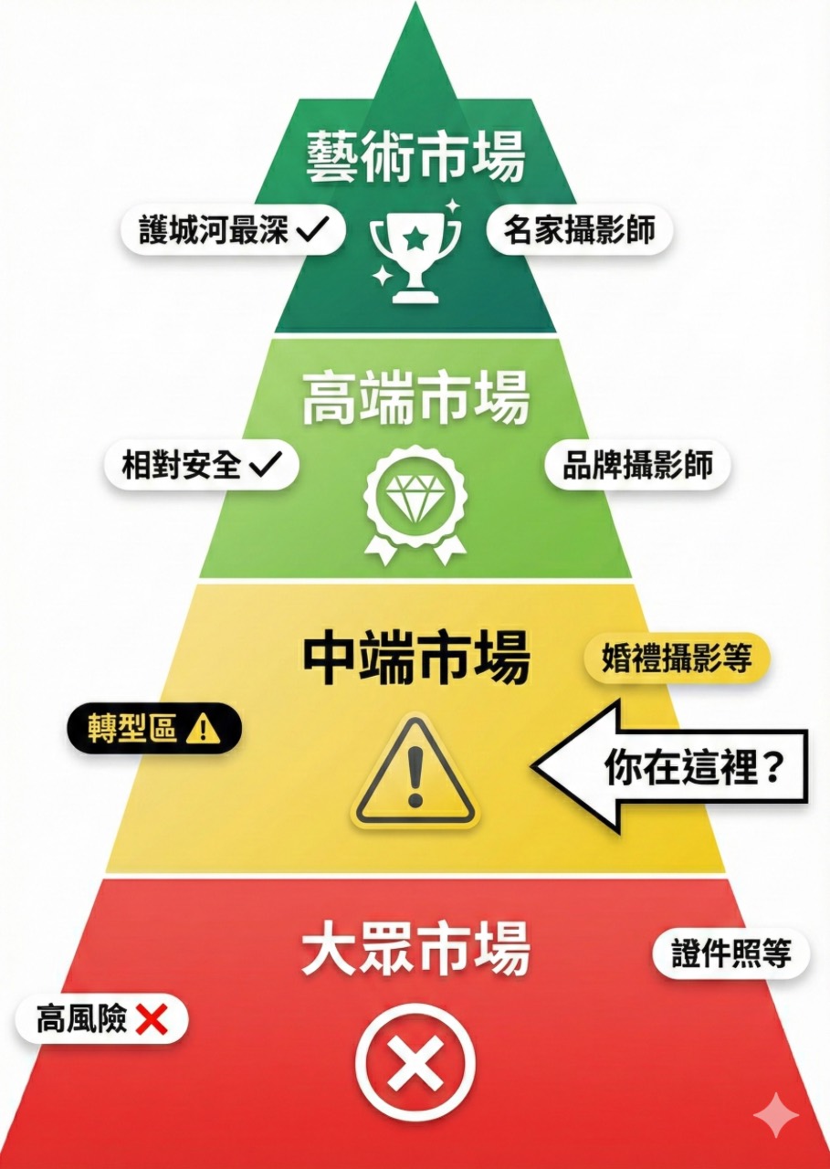 四層金字塔圖顯示攝影市場分層，從上到下為藝術市場深綠色最安全、高端市場淺綠色相對安全、中端市場黃色轉型區、大眾市場紅色高風險，箭頭指向中端市場標示你在這裡
