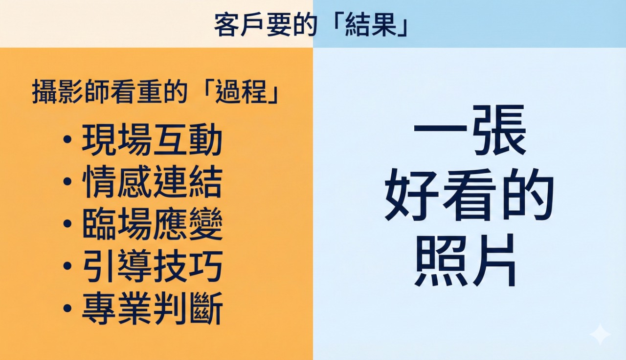 左邊橘色區塊列出攝影師重視的過程包含現場互動情感連結臨場應變引導技巧專業判斷，右邊藍色區塊只有一張好看的照片大字，對比攝影師付出與客戶需求差異