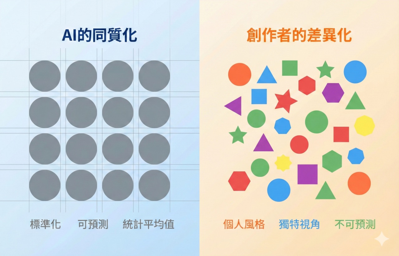 左邊淡藍背景16個灰色圓圈整齊排列代表AI同質化，右邊淡橘背景各種彩色形狀隨機散落代表創作者差異化，視覺對比標準化與個人風格