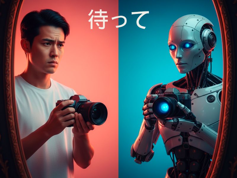 左邊亞洲男攝影師穿白T恤拿相機站在暖色背景，右邊AI機器人拿相機站在冷色背景，鏡像構圖對比人類與AI