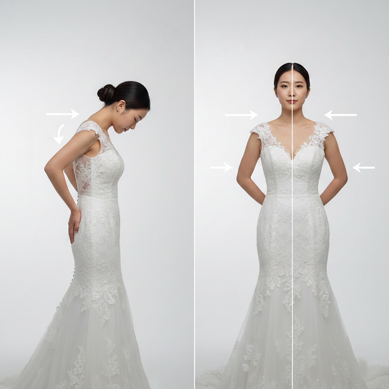 婚禮拍照體態對比圖，左側展示駝背問題，右側展示調整後的優美體態