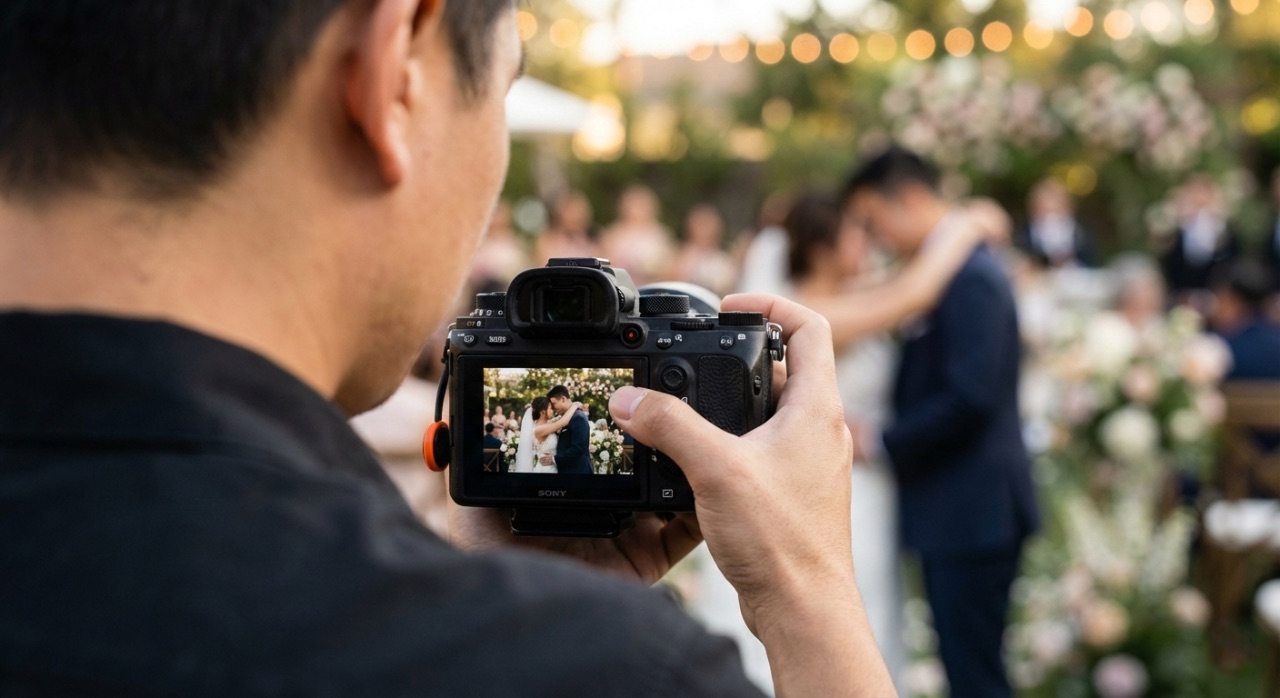 從攝影師後方拍攝的視角，攝影師正在檢視相機螢幕上的婚禮照片