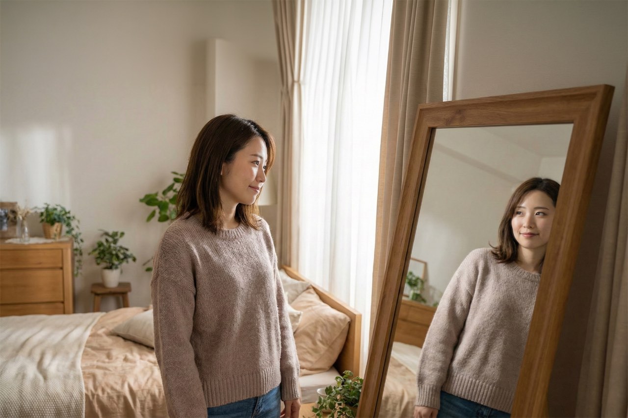 亞洲女性站在全身鏡前，表情平靜帶微笑，臥室自然光，木質鏡框