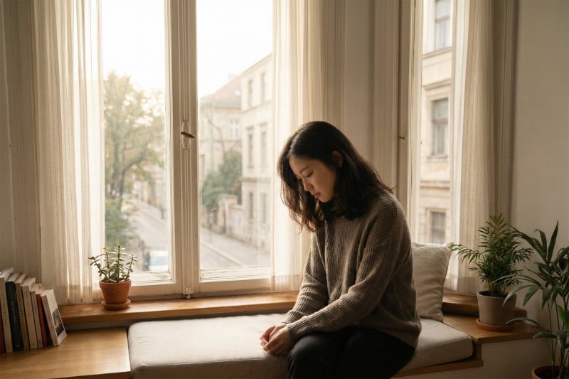 亞洲女性坐在窗邊，低頭沉思，室內自然光，植物環繞，安靜內斂的氛圍