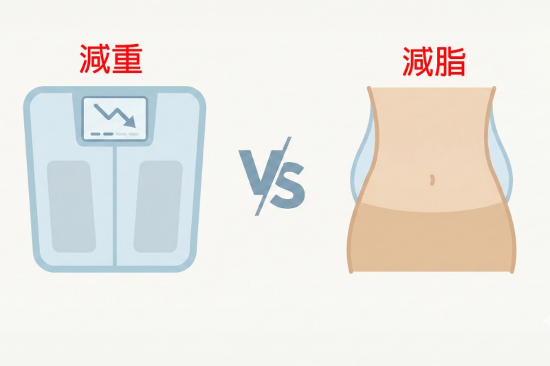 左側體重計顯示數字下降代表減重，右側腹部輪廓顯示脂肪層代表減脂，中間以 VS 符號對比兩者差異