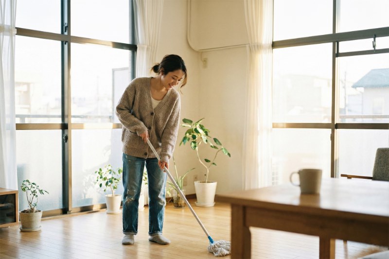 亞洲女性在明亮的日式居家空間拖地，陽光透過落地窗照入，神情輕鬆自然