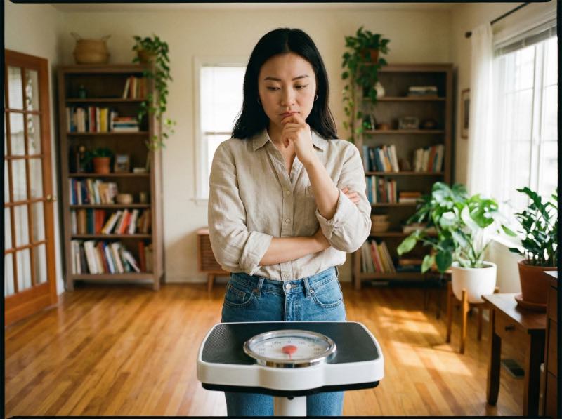 亞洲女性站在體重計前，手托下巴思考，背景為溫暖居家空間