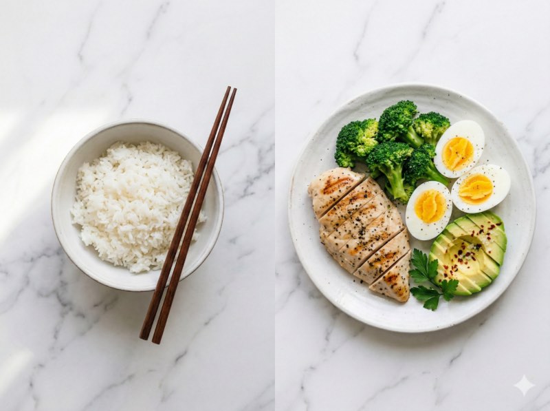 白色大理石桌面上，左側放著一碗白飯和筷子，右側是一盤含雞胸肉、花椰菜、水煮蛋和酪梨的低碳餐盤