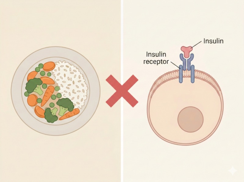 左側為裝有米飯和蔬菜的餐盤，中間有紅色大叉，右側為細胞與胰島素受體的示意圖，說明碳水與胰島素阻抗之間沒有直接因果關係