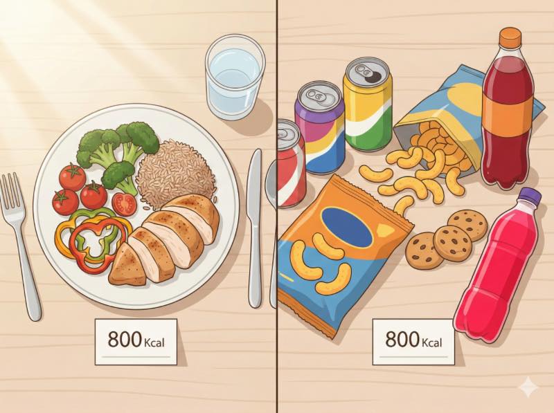 同樣標示 800 大卡，左側是雞肉、糙米、蔬菜的均衡餐盤，右側是洋芋片、餅乾、含糖飲料等加工食品