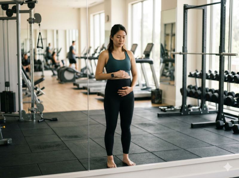 亞洲女性站在健身房鏡子前，雙手放在腹部，表情若有所思
