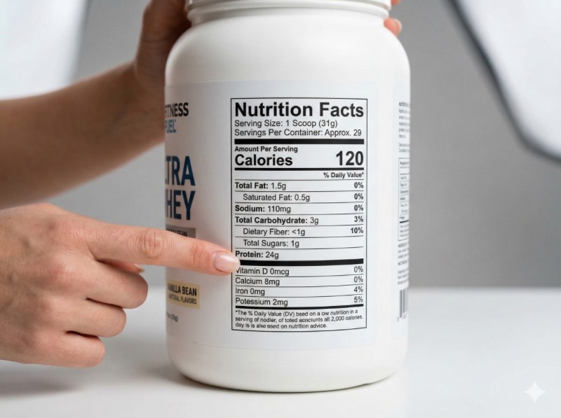 手指著蛋白粉罐上的營養標示，重點標出每份蛋白質含量