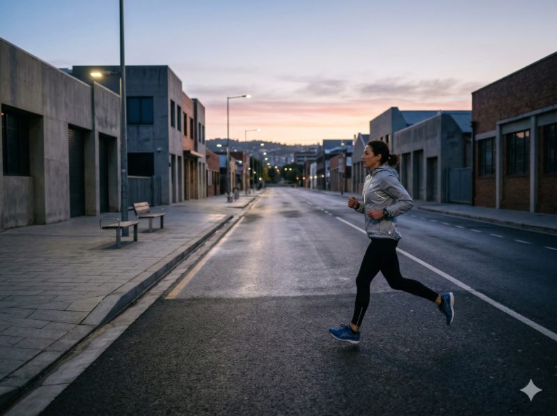 女性在清晨天色未亮的空曠街道上跑步，路燈還亮著，天空帶著日出前的粉紫色光