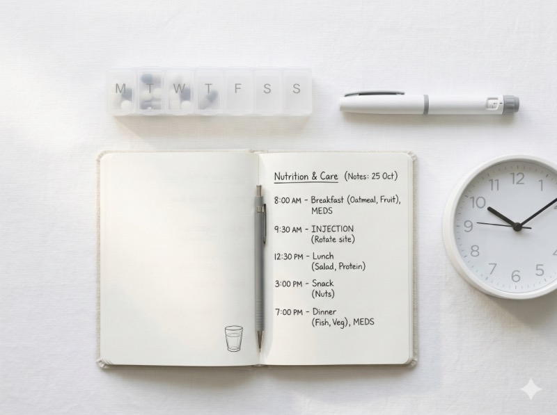 白色背景上的每週藥物分裝盒、注射筆、飲食記錄本與時鐘平鋪俯拍，呈現 GLP-1 減重針的療程管理概念