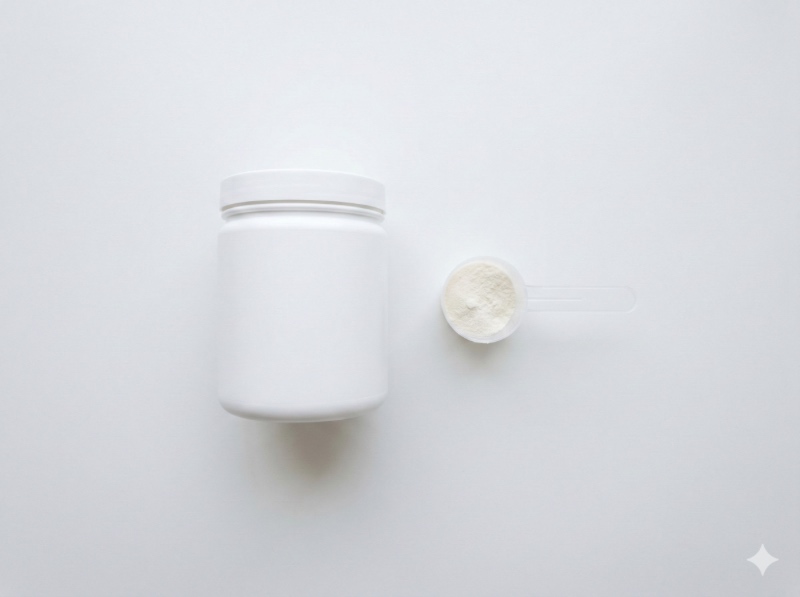 白色蛋白粉罐與量匙平放在白色背景上，用於說明高蛋白飲食與腎臟健康迷思