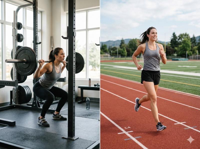 左側女性在健身房進行槓鈴深蹲，右側女性在田徑場跑步，對比有氧與重訓兩種訓練方式