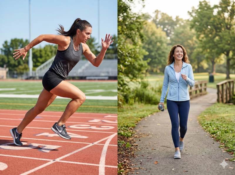 左側女性在跑道上全力衝刺，右側女性在公園小徑輕鬆快走，對比 HIIT 與 LISS 兩種有氧運動強度