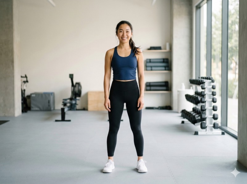 亞洲女性穿著運動服站在健身房中，體態勻稱自信，背景可見啞鈴架與自然採光