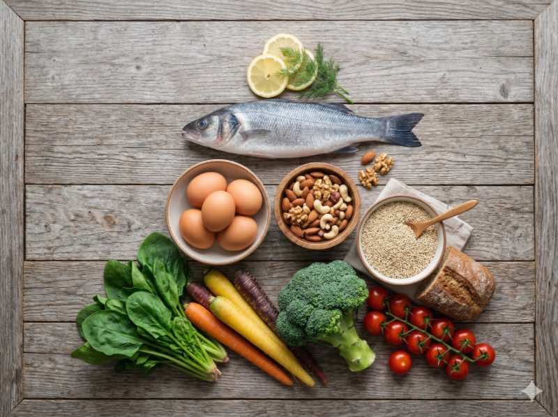 木板桌上俯拍的原型食物，包含整條魚、雞蛋、堅果、藜麥、蔬菜與番茄