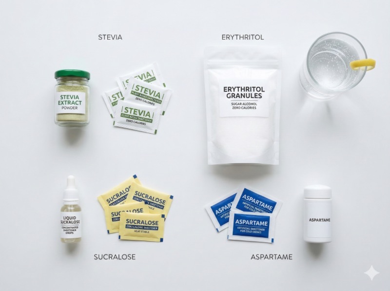 四種常見代糖的包裝平鋪排列，包含甜菊糖萃取粉、赤藻糖醇顆粒、三氯蔗糖液體與包裝、阿斯巴甜包裝與容器，白色背景搭配一杯水