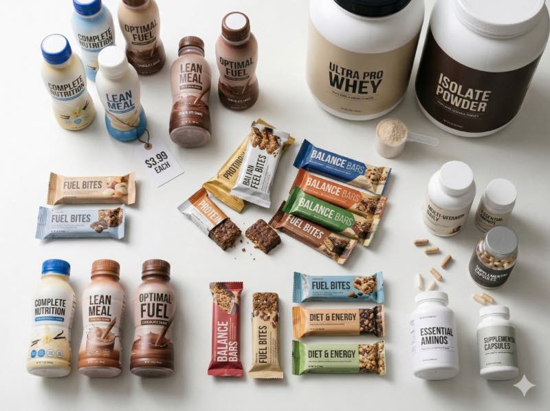 各式代餐奶昔瓶裝、高蛋白棒、乳清蛋白罐裝與保健膠囊平鋪於白色桌面，附有價格標籤