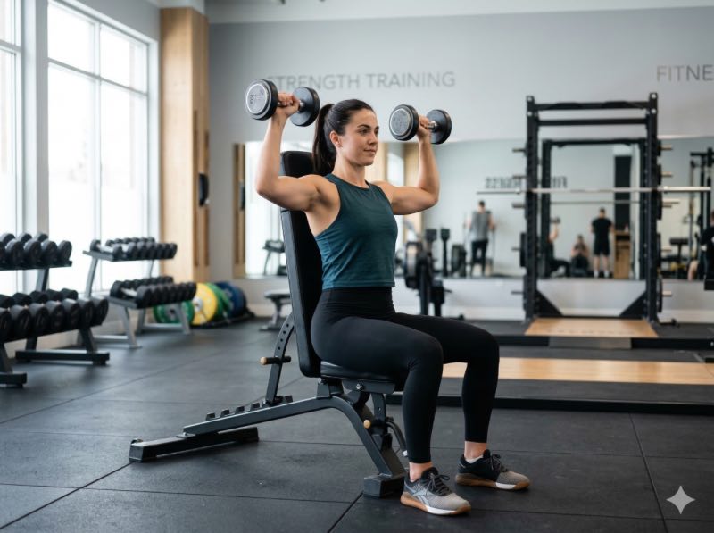 女性在健身房進行重量訓練，動作穩定、神情專注