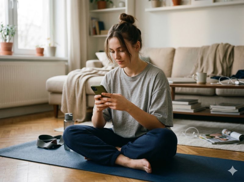 一個人坐在瑜伽墊上滑手機，運動衣還沒換，象徵運動拖延的日常狀態