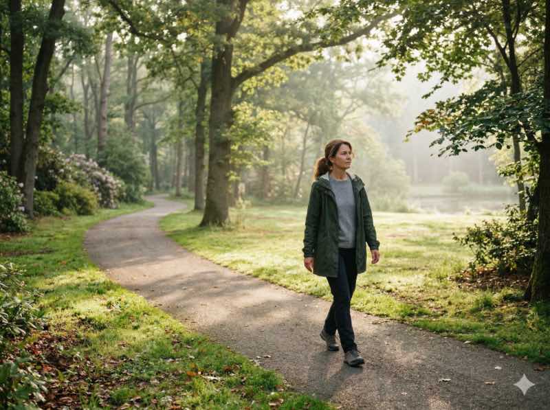 一位女性穿著深綠色外套，清晨在霧氣瀰漫的公園步道上獨自行走，兩側是高大樹木與草地
