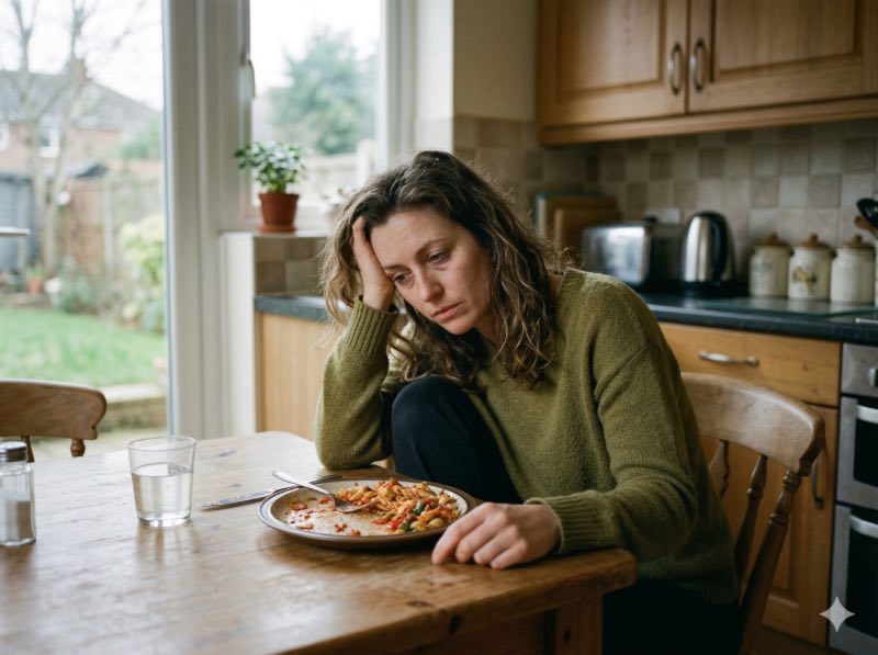 一名女性坐在餐桌前，神情疲憊地看著面前吃了一半的食物