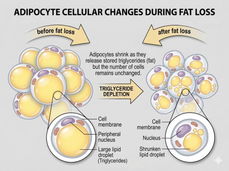 脂肪細胞減脂前後對比圖，左側為充滿脂質的大型細胞，右側為縮小後仍完整存在的細胞