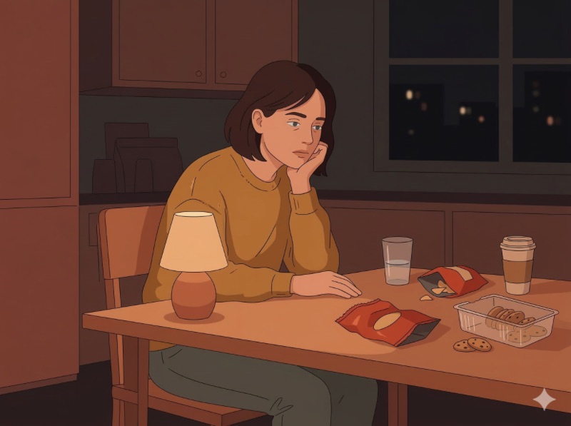 插圖風格，女性獨坐廚房餐桌，桌上散落洋芋片袋、餅乾盒與咖啡杯，夜晚窗外燈光昏暗，神情疲憊若有所思