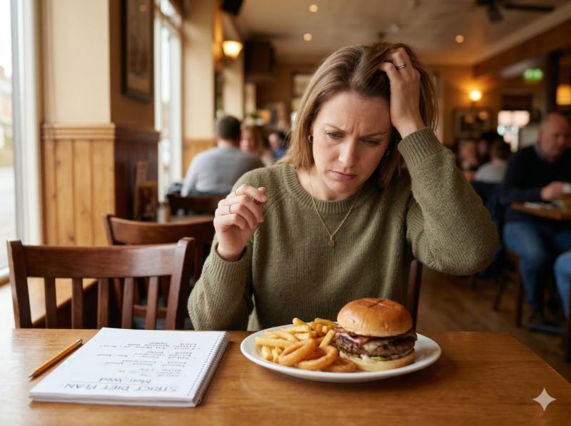 女性坐在餐廳對著食物發愁，桌上放著嚴格的飲食計畫筆記本