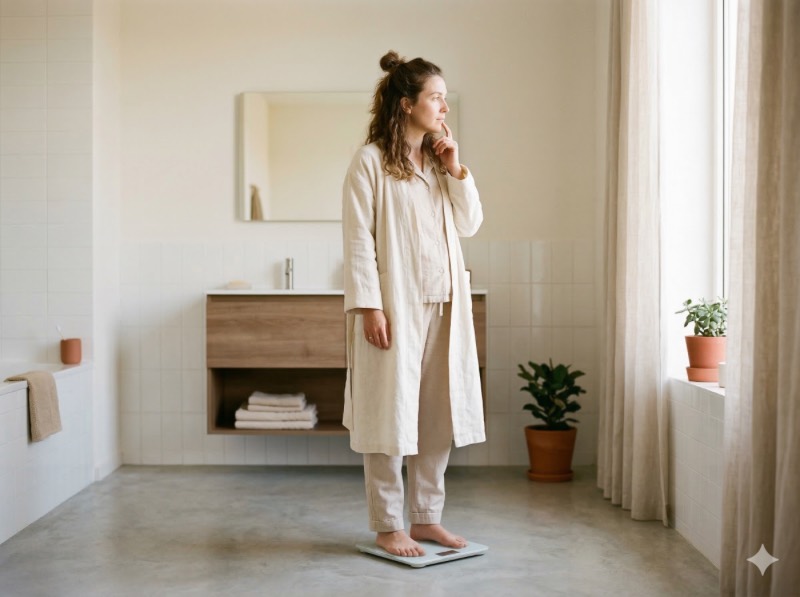 女性站在體重計上，表情平靜若有所思