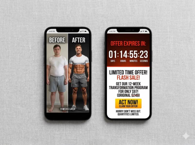 兩支手機並排，左側顯示8週前後的體態對比照，右側顯示倒數計時器與限時優惠購買頁面