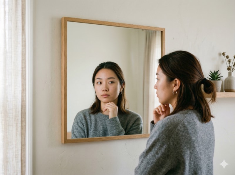 女生對著鏡子若有所思，背景簡潔，自然光