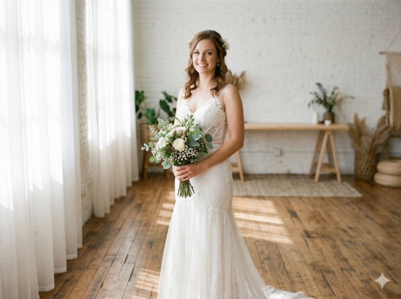 新娘穿著白色婚紗站在明亮攝影棚內，手捧白色花束，面向鏡頭微笑，背景為白磚牆與木質地板