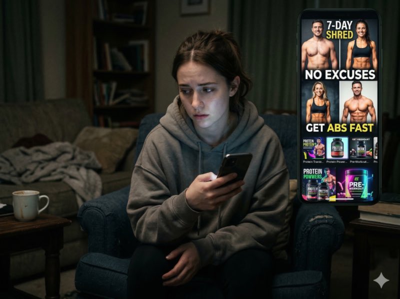 一個人坐在昏暗房間裡滑手機，螢幕顯示健身廣告與前後對比照