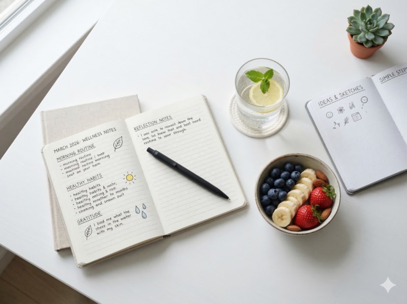 白色桌面上擺放著翻開的筆記本、一碗新鮮水果、一杯檸檬水與多肉植物