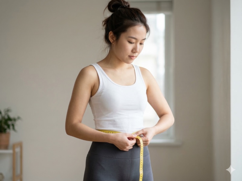 亞洲女性穿白色背心站立，用黃色捲尺測量腰圍，神情專注